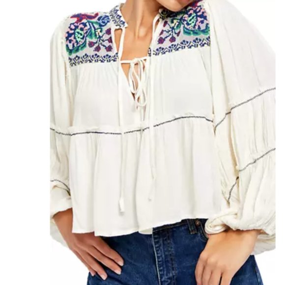 Free People Slouchy oversize Embroidery Long sleeve black Floral Boho Blouse S - Picture 3 of 10
